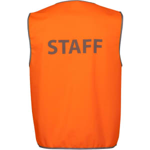 A safety vest in bright orange colour with a grey trim and a logo, labelled with the word "STAFF" on the back.