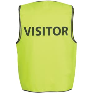 A bright yellow safety vest featuring the word "VISITOR" prominently displayed. It has reflective accents and no visible logos.
