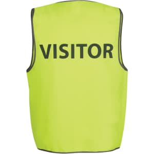 A high-visibility yellow safety vest with reflective edging, featuring the word "VISITOR" prominently on the back.