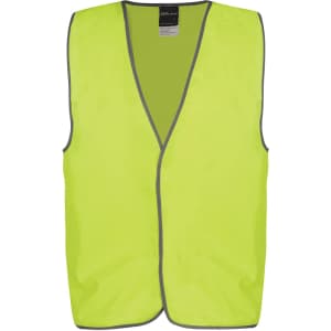 A high-visibility safety vest in bright yellow, featuring a sleeveless design and grey trim.