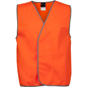 An orange safety vest with grey trimming, featuring a simple, sleeveless design and a logo.