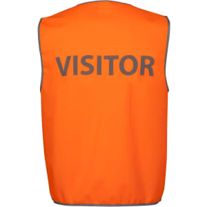 A high-visibility safety vest in bright orange with grey reflective trim, featuring the word "VISITOR" prominently displayed.