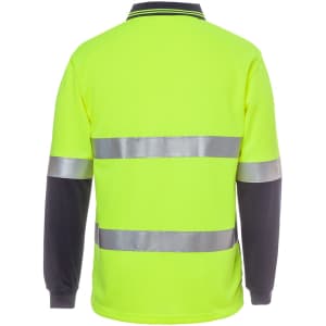 A high-visibility long-sleeve polo shirt in fluorescent yellow with reflective stripes and navy blue sleeves.