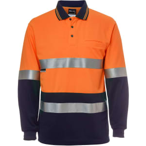 An orange and navy long-sleeve work polo shirt featuring reflective stripes and a pocket. It has a branded logo.