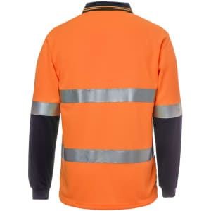 A high-visibility long-sleeve polo shirt in orange and navy, featuring reflective stripes and a collar.