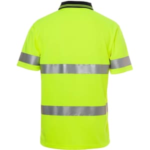 A high-visibility yellow polo shirt with reflective strips and a collar, featuring a logo on the front.