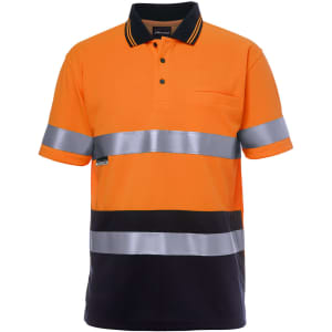 An orange and navy polo shirt with reflective stripes and a logo on the chest. It's designed for workwear.