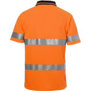 An orange polo shirt featuring reflective stripes and a collar, suitable for workwear. It has a logo on the front.