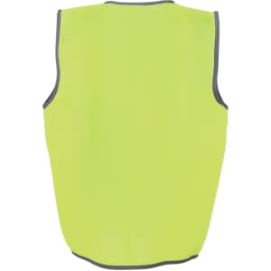 A high-visibility safety vest in fluorescent yellow with grey trim, featuring a logo on the back.