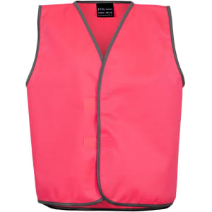 A pink safety vest for kids featuring a sleeveless design and grey edging, complete with a logo.