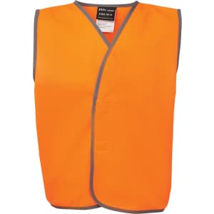 An orange safety vest for kids, featuring grey trim and a logo, designed for safety wear.