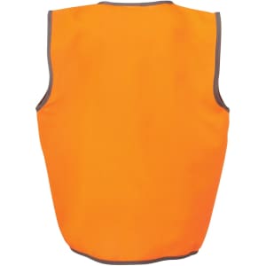 An orange safety vest featuring grey trim on the edges and a branding logo.