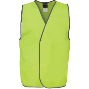 A high visibility safety vest in bright yellow with grey trim and a simple, sleeveless design.