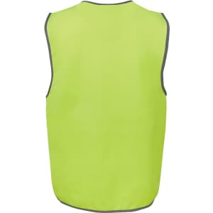 A high-visibility safety vest in bright yellow-green with grey trim and no sleeves. Features a logo.