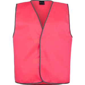 A bright pink safety vest featuring grey trim and no sleeves, including a logo.