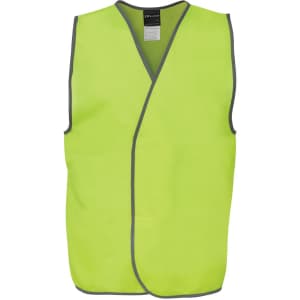 A high-visibility safety vest in bright yellow-green with grey trim and no sleeves, featuring a logo.