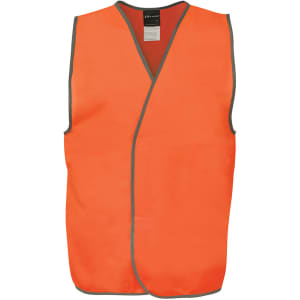 An orange safety vest with a grey trim and a branding logo, designed for high visibility and safety.