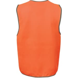 An orange safety vest with contrasting trim, featuring a logo. Ideal for visibility and safety.