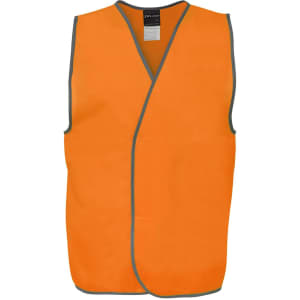 An orange safety vest with grey trim and a logo, designed for visibility and high safety standards.
