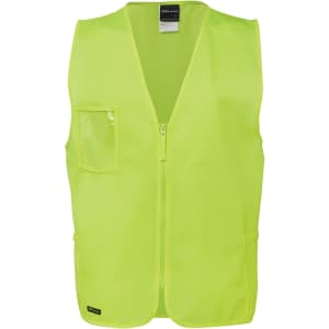 A bright yellow safety vest with a front zip and pockets, featuring a logo on the lower hem.