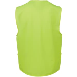 A high-visibility yellow safety vest with a plain back, featuring side pockets and a simple design.