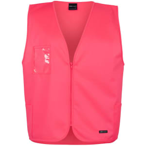 A bright pink safety vest with a front zipper, featuring pockets and a clear identification holder.