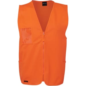 An orange safety vest featuring a zip front and a clear pocket, suitable for safety wear. It includes a logo.