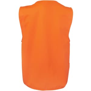 An orange safety vest with a sleeveless design, featuring pockets and a logo.