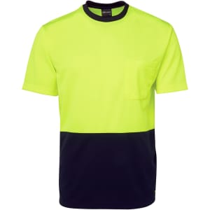 A high-visibility work t-shirt in bright yellow with a navy blue lower section and a pocket. It features a logo.