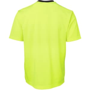 A bright yellow work t-shirt with a black collar, featuring a logo on the back.