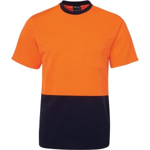 An orange and navy work t-shirt featuring a pocket and a branding logo.