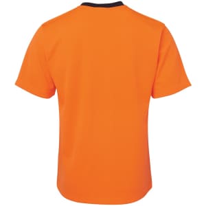 An orange work t-shirt with short sleeves and a black collar, featuring a logo on the back.