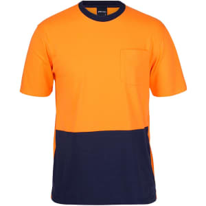A crew neck cotton T-shirt featuring orange and navy blue colours, with a pocket on the front and a logo.