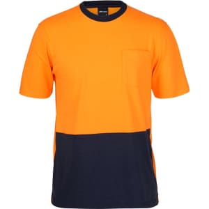 An orange and navy crew neck cotton t-shirt with a chest pocket and a logo. Suitable as workwear.