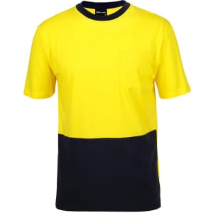 A bright yellow crew neck cotton T-shirt with a black lower section and a chest pocket. Features a logo.