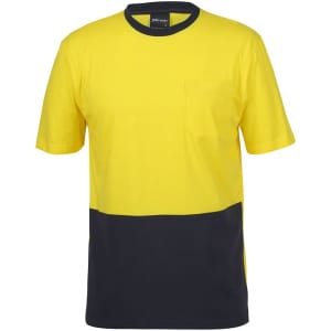 A yellow and navy crew neck cotton T-shirt featuring a pocket and a branding logo. Suitable for workwear.