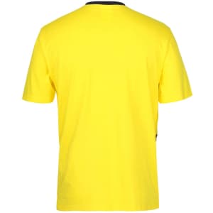 A yellow crew neck cotton T-shirt with a solid colour design and a logo on the side.