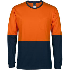 A long-sleeved crew neck cotton t-shirt in orange and navy blue with a pocket and logo.