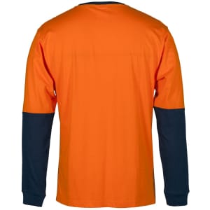 An orange long-sleeve cotton crew neck t-shirt with navy blue sleeves and a logo. Suitable for safety wear.