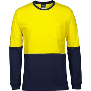 A long-sleeved crew neck T-shirt in high-visibility yellow and navy blue, featuring a pocket and a logo.