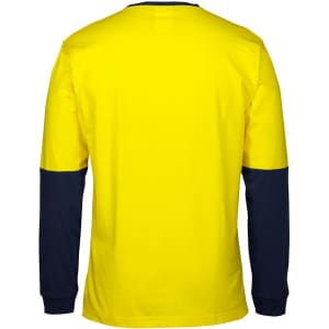 A long-sleeve crew neck cotton T-shirt in yellow with navy blue sleeves, featuring a logo.
