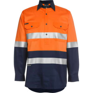 An orange and navy work shirt with long sleeves, featuring reflective stripes and front pockets, with a logo.