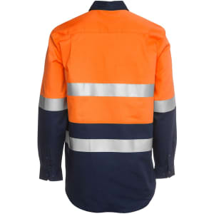 An orange and navy long-sleeve work shirt with reflective strips and a logo on the back.