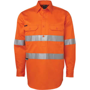 An orange long-sleeve work shirt with reflective silver stripes and a logo. It features two chest pockets and a button-up front.