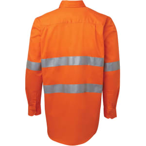 An orange long-sleeve work shirt featuring reflective strips and a collar, with a branding logo.