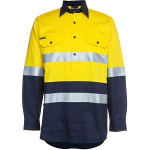 A long-sleeve work shirt in bright yellow and navy with reflective stripes and a logo.