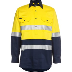 A long-sleeved work shirt in yellow and navy, featuring reflective stripes and a branded logo.