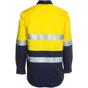 A long-sleeved work shirt featuring a high-visibility yellow and navy design with reflective strips.