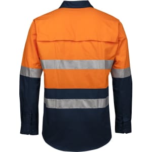 A long-sleeved work shirt in orange and navy with reflective stripes and a back yoke design.