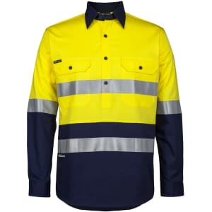 A long-sleeved work shirt featuring a bright yellow and navy colour scheme with reflective stripes and pockets.